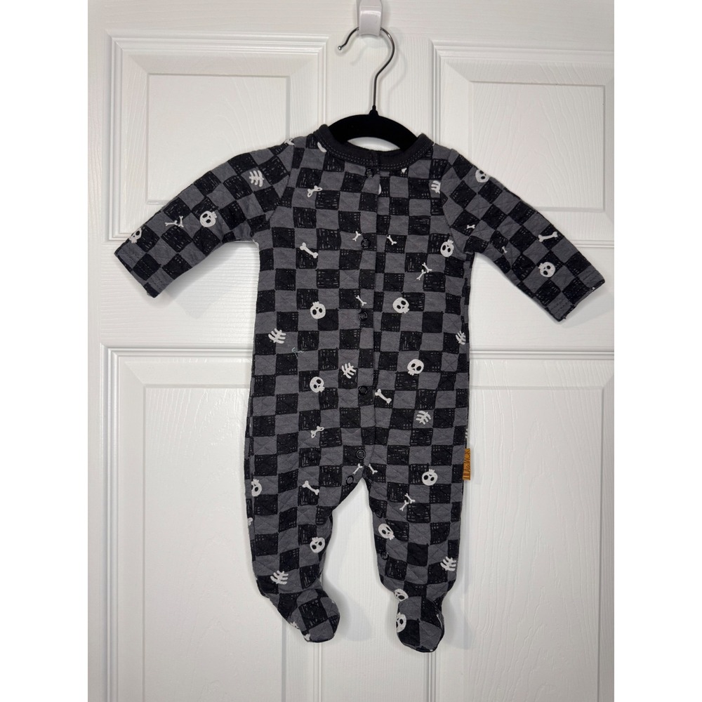 Lila & Jack Baby Skulls Checkered Quilted Footed Sleeper Grey Black 0-3M NWOT